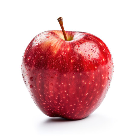 A fresh raw organic red apple with water drops for fruit salad recipes on white background Generative AI Illustration.の素材