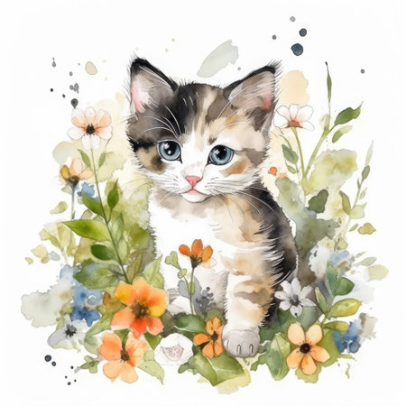 Painting of a lovely and cute baby cat with spring colorful flowers watercolors Generative AI Illustration.の素材