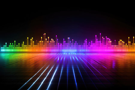 Abstract colorful background wall for photography with multi color equalizer shapes Generative AI Illustration.の素材