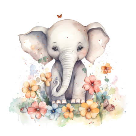 Painting of a cute baby elephant in the nature with spring colorful flowers watercolors Generative AI Illustration.の素材
