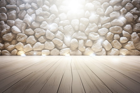 Indoor background scenario with wood floor and white stones wall and lighting effects Generative AI Illustration.の素材
