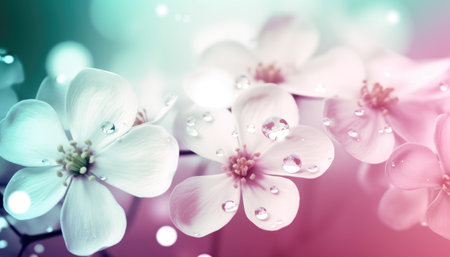 Soft and delicate background with fresh white flowers and blue and pink tones Generative AI Illustration.の素材