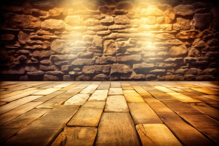 Grunge background photo scenario with stones floor and stones wall and yellow lighting effects Generative AI Illustration.の素材