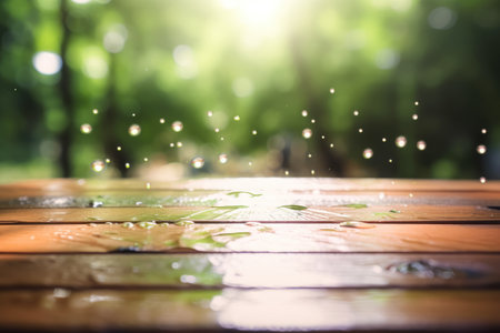 Rain environment with wet rustic wood floor and blurred garden nature with plants in the background Generative AI Illustration.の素材