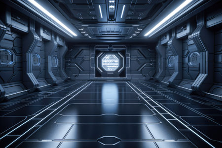 Sci-fi futuristic background wall spaceship tunnel with glowing neon white lighting effects Generative AI Illustration.の素材