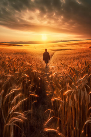 A young man walking in a wheat field at sunset in nature sense of freedom Generative AI Illustration.の素材