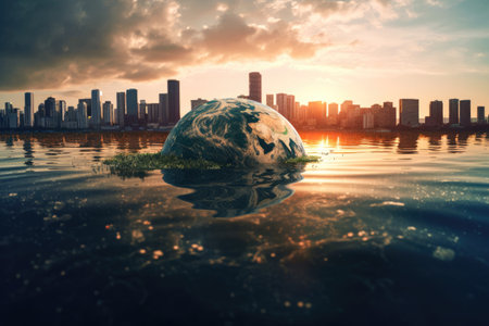 The world plunged into water sinking into the environment natural catastrophe Generative AI Illustration.の素材