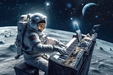 Astronaut playing piano on the space moon with peace and a view of the stars and other planets Generative AI Illustration.の素材