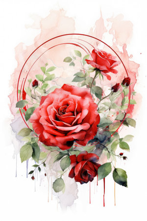 Watercolor beautiful red roses painting with green leaves and white background Generative AI Illustration.の素材