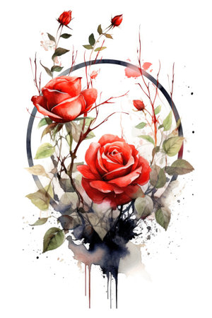 Watercolor beautiful red roses painting with green leaves and white background Generative AI Illustration.の素材