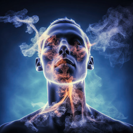 Male smoker with lung cancer disease caused by cigarette smoke Generative AI Illustration.の素材