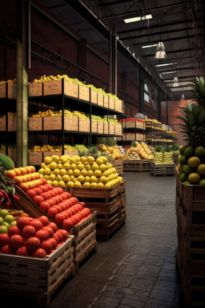 A warehouse full of boxes with several fresh organic fruits Generative AI Illustration.の素材