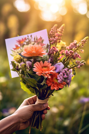 An hand holding a bouquet of colorful flowers with a surprise personal card Generative AI Illustration.の素材