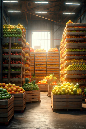 A warehouse full of boxes with several fresh organic fruits Generative AI Illustration.の素材