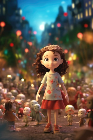 Illustration of a 3D girl character celebrating and playing with her little friends toys Generative AI.の素材