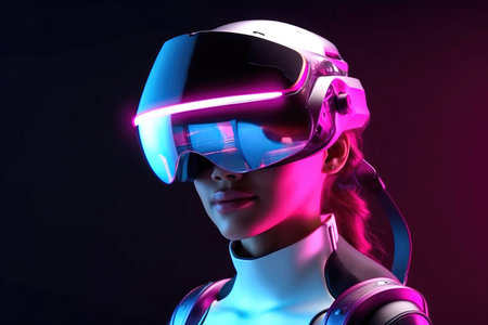 A woman with futuristic VR glasses and headset virtual reality technology Generative AI Illustration.の素材
