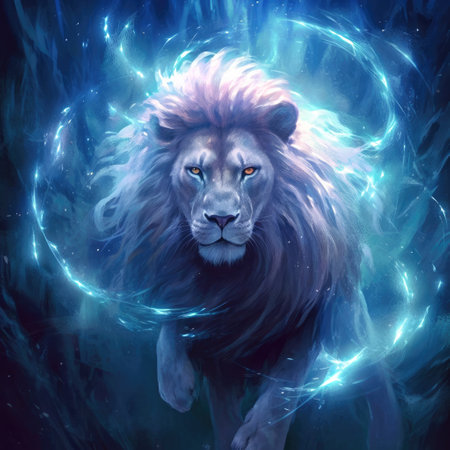 Lion attentive attack position to his predator with blue effects Generative AI Illustration.の素材
