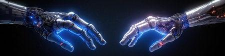 Robotic hands futuristic technology with blue neon effects Generative AI Illustration.の素材