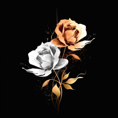 Gold and white flower roses art abstract style with black background Generative AI Illustration.の素材