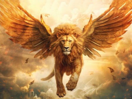 Lion with wings symbol of the ancient empire of Babylon Generative AI Illustration.の素材