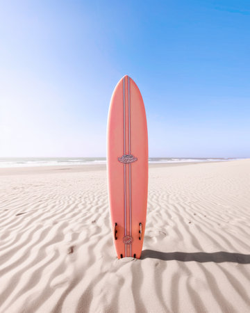 Pink surf shortboard standing upright in sand at an empty beach Generative AI Illustration.の素材