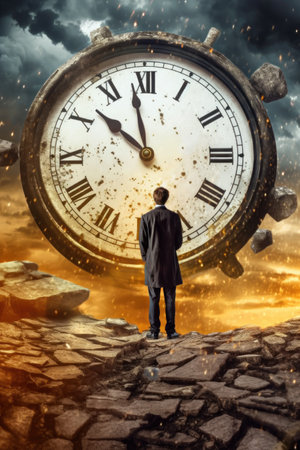 Man lost in the world in front of a giant clock the end of time Generative AI Illustration.の素材