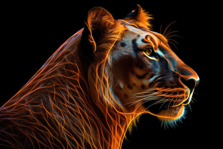Silhouette of a lioness with orange neon effects and black background Generative AI Illustration.の素材