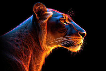 Silhouette of a lioness with orange lighting effects and black background Generative AI Illustration.の素材
