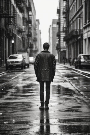 A young boy walking down the street in the rain Generative AI Illustration.の素材