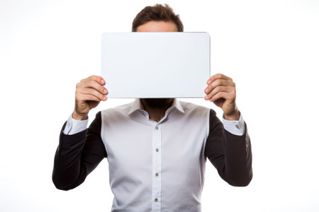 Businessman holding up a blank sign Generative AI Illustration.の素材