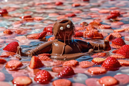 A chocolate dummy melting in a pool with strawberries floating Generative AI Illustration.の素材