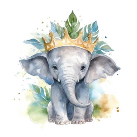 Watercolor painting of a cute baby elephant with a crown on the head and green leaves Generative AI Illustration.の素材
