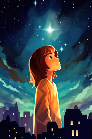 Illustration of a boy in the middle of a city looking at the sky with stars Generative AI Illustration.の素材