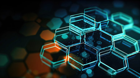 Abstract background with glass hexagons geometry desktop wallpaper Generative AI Illustration.の素材