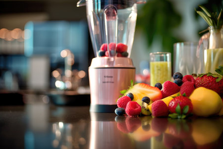 Luxury kitchen with a mix of healthy fruits and a smoothie blender Generative AI Illustration.の素材