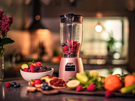 Luxury kitchen with a mix of healthy fruits and a smoothie blender Generative AI Illustration.の素材