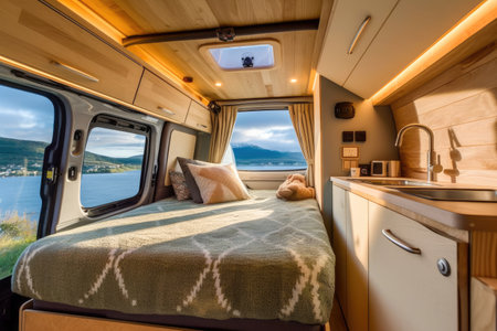 Interior of a campervan overlooking the lake and mountains at sunset Generative AI Illustration.の素材