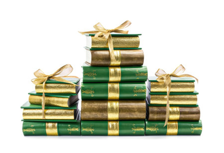 Stack of green and gold books crammed together to offer in the festive season Generative AI Illustration.の素材