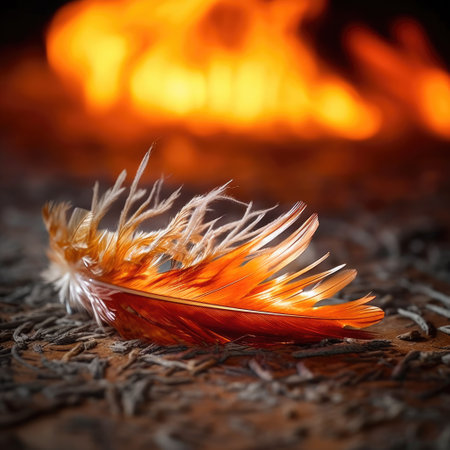 Orange feather with fire effects with blurred fire effect in the background Generative AI Illustration.の素材