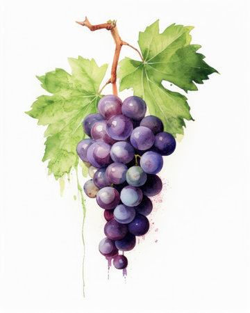 Watercolor of a bunch of dark grapes with leaves on a white background Generative AI Illustration.の素材