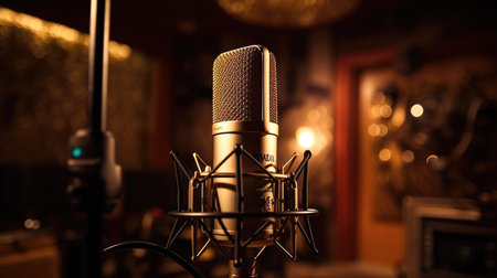 Vintage microphone in a recording studio with blurred background Generative AI Illustration.の素材