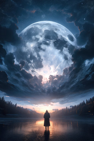 Illustration of a man facing the giant moon among the clouds Generative AI.の素材