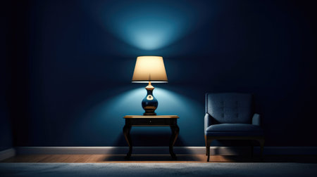 Navy room interior blue wall with a sofa and lamp light Generative AI Illustration.の素材