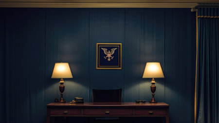 Navy room interior wall with american insignia and a desk with lamp lights Generative AI Illustration.の素材