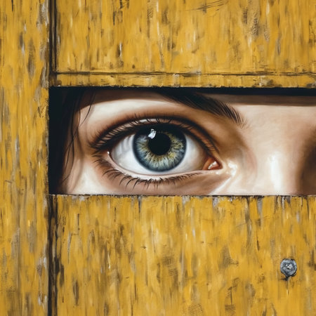A womans gaze lurking through the hole in a door Generative AI Illustration.の素材