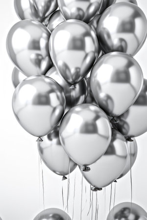 Silver chrome balloons with white background for festive season Generative AI Illustration.の素材