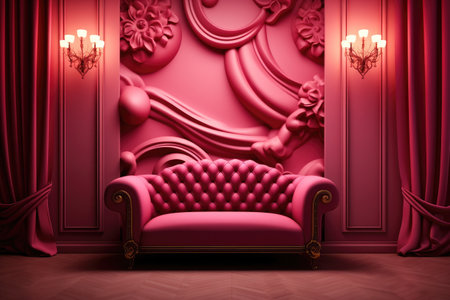 Luxury elegant background with wall sofa and curtains with pink tones Generative AI Illustration.の素材