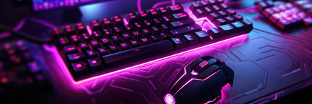 Ultra futuristic keyboard and mouse with neon colors Generative AI Illustration.の素材
