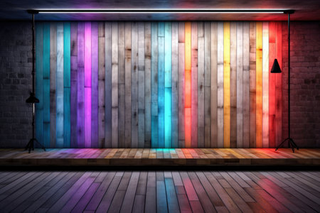 Wooden background scenario with multiple colors and wooden floor Generative AI Illustration.の素材