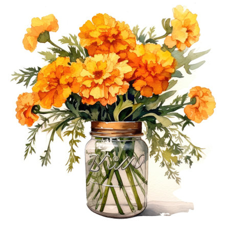 Marigold flower bouquet into a glass jar in a white background Generative AI Illustration.の素材